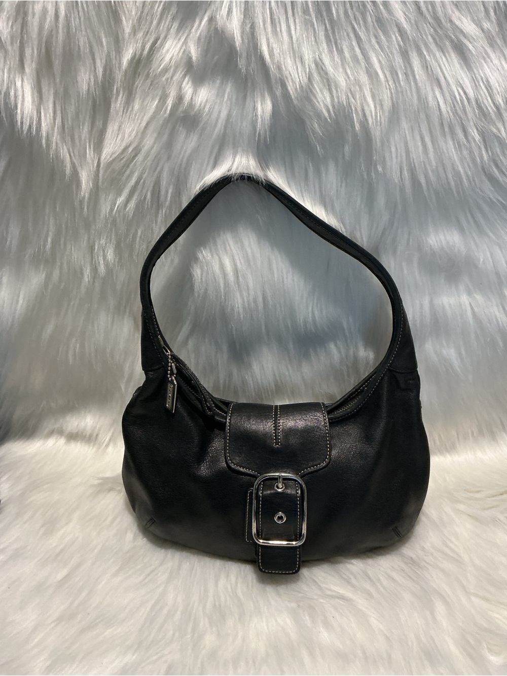 Coach Black Leather Shoulder Bag with Buckle Detail